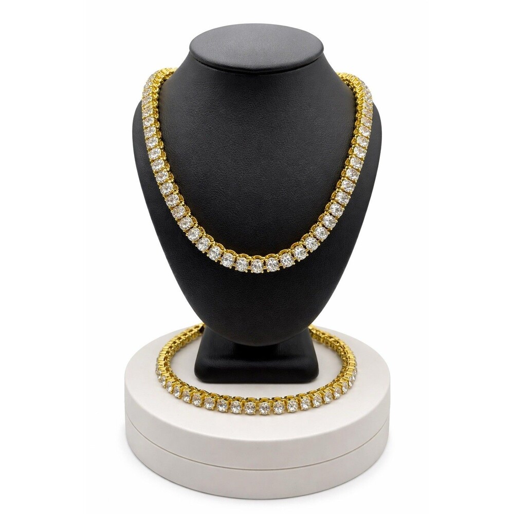 24” Gold Tone Tennis Necklace + 8” Bracelet Set – Iced Out Look CZ